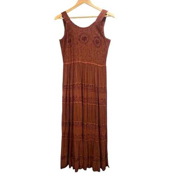 Boho Embroidered‎ Maxi Dress Sleeveless Brown Tiered Summer Casual Sundress - Picture 1 of 9